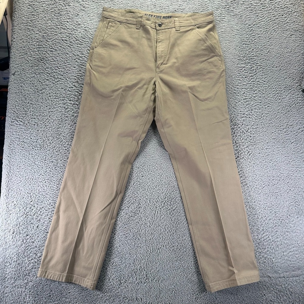 Duluth Flex Fire Hose Pant Men's 38x34 Beige Cotton Khakis Straight Leg Stretch